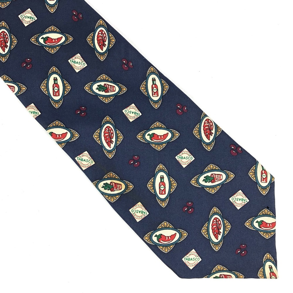 Tabasco Men's Neck Tie 100% Silk Hot Pepper Chili Sauce Navy Blue Red USA‎